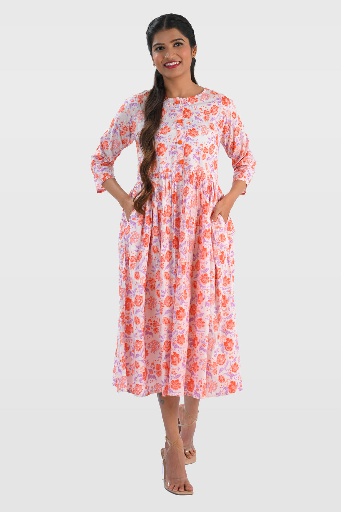 White Cotton Printed Midi Dress