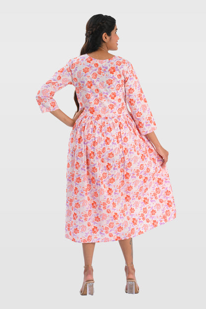White Cotton Printed Midi Dress