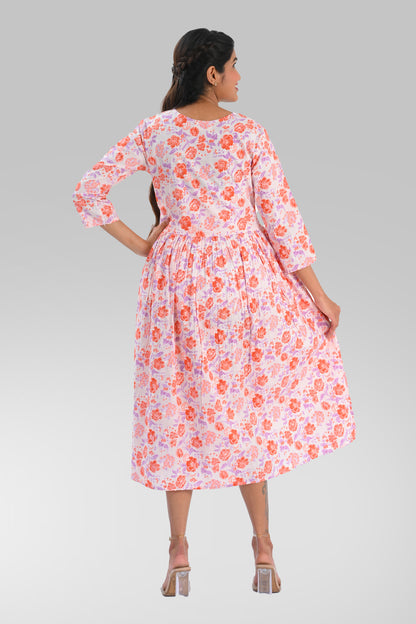 White Cotton Printed Midi Dress