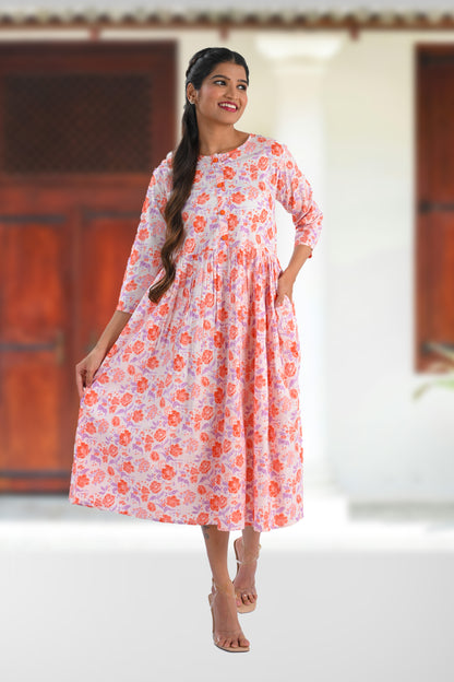 White Cotton Printed Midi Dress