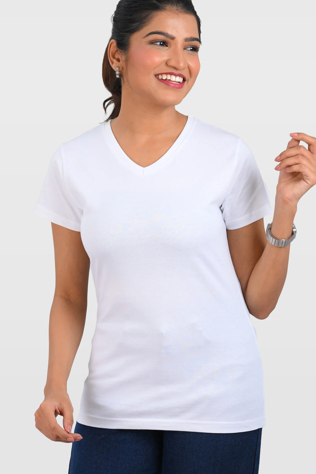 White Cotton V Neck T-Shirt