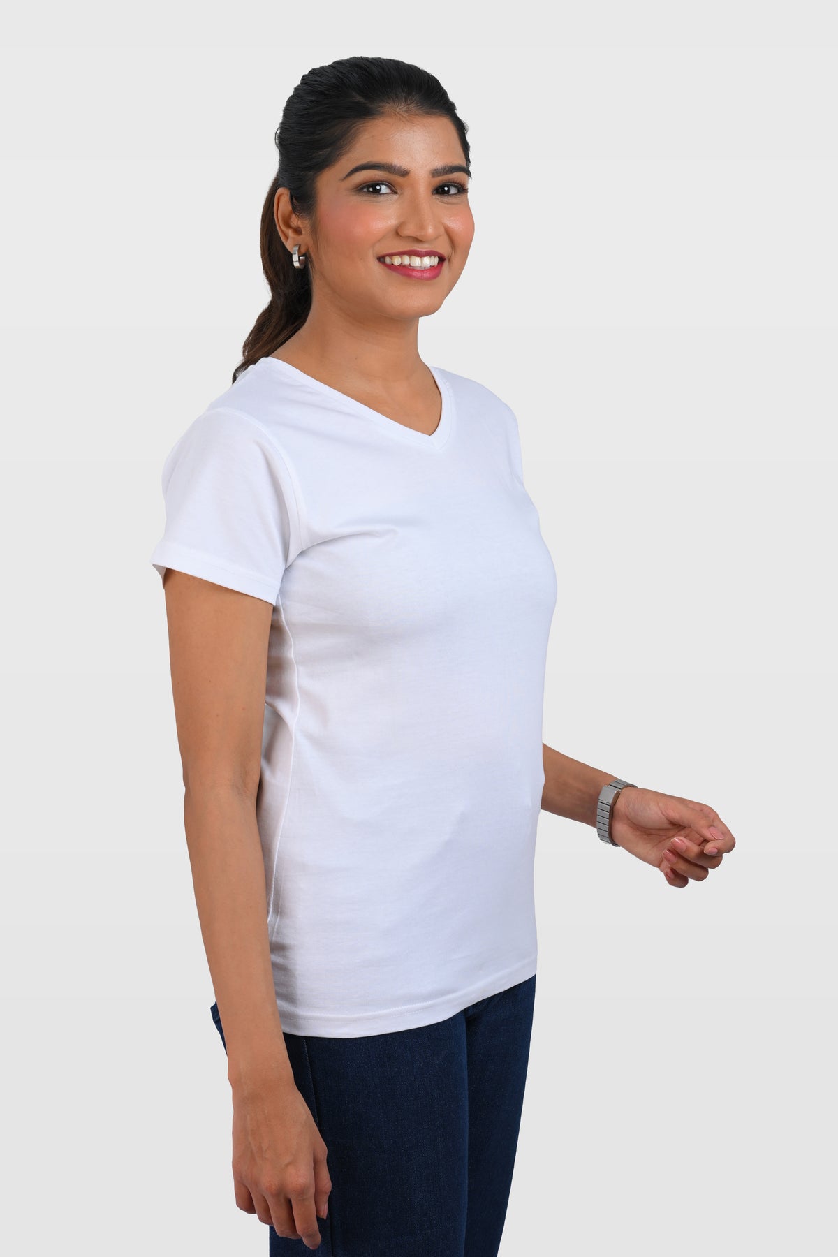 White Cotton V Neck T-Shirt