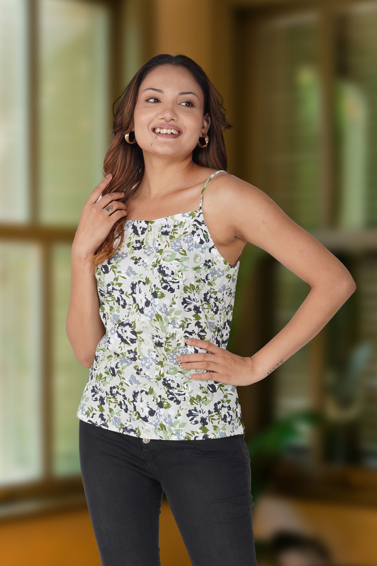 White Floral Cotton Printed Strap Top