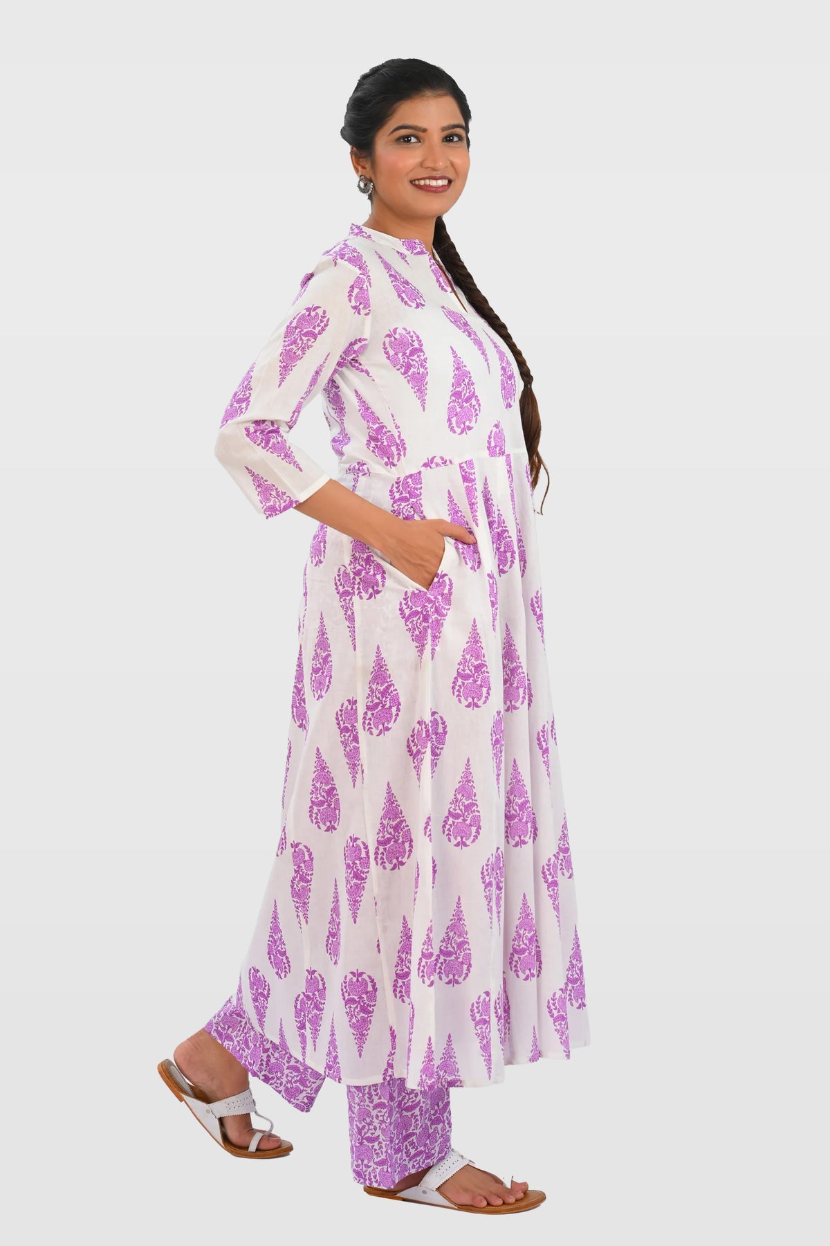 White French Lilac Cotton Printed Kurta Set