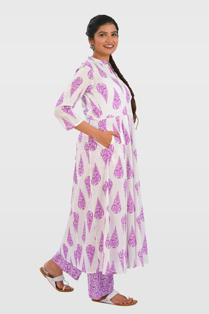 White French Lilac Cotton Printed Kurta Set