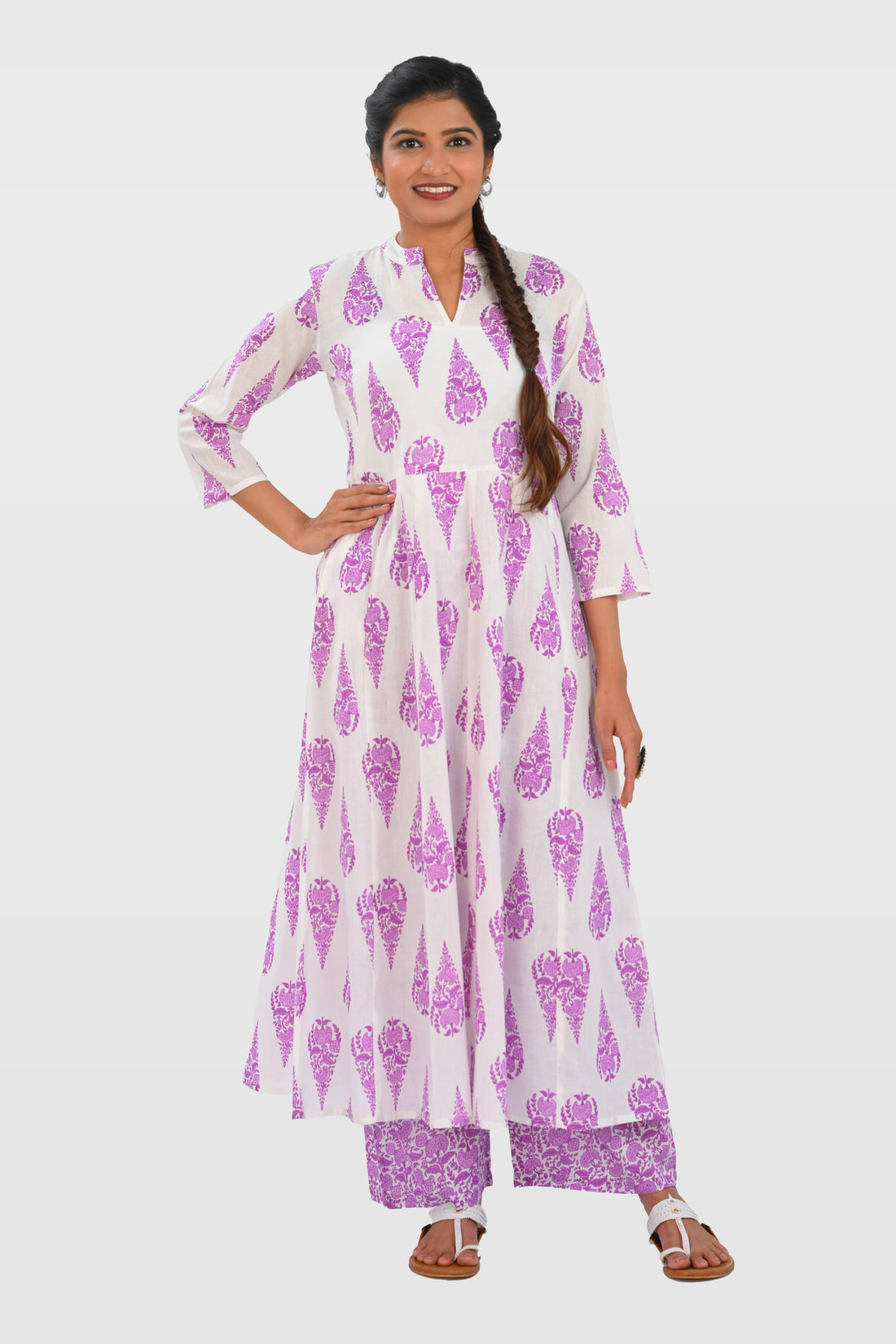 White French Lilac Cotton Printed Kurta Set