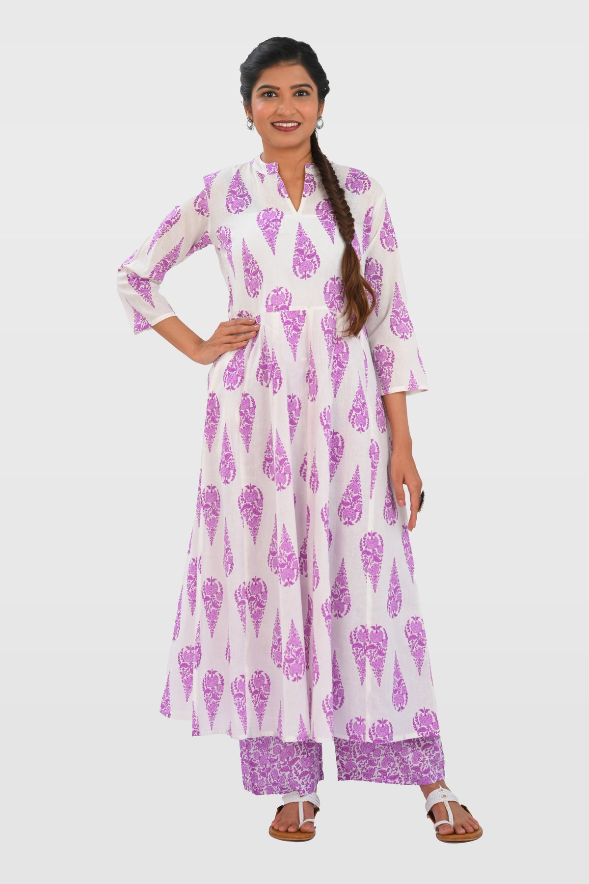 White French Lilac Cotton Printed Kurta Set