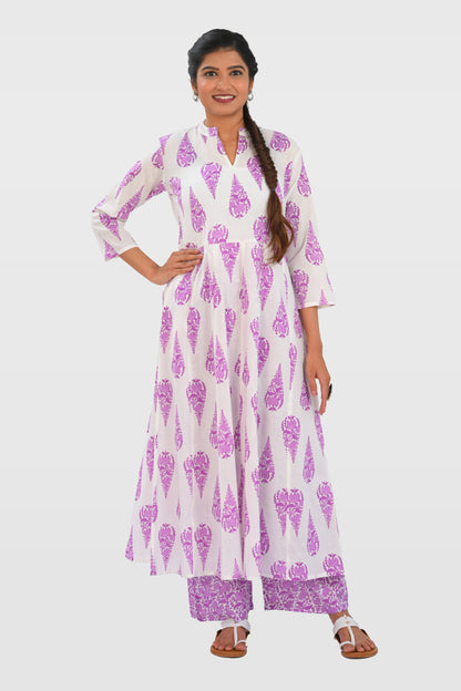 White French Lilac Cotton Printed Kurta Set