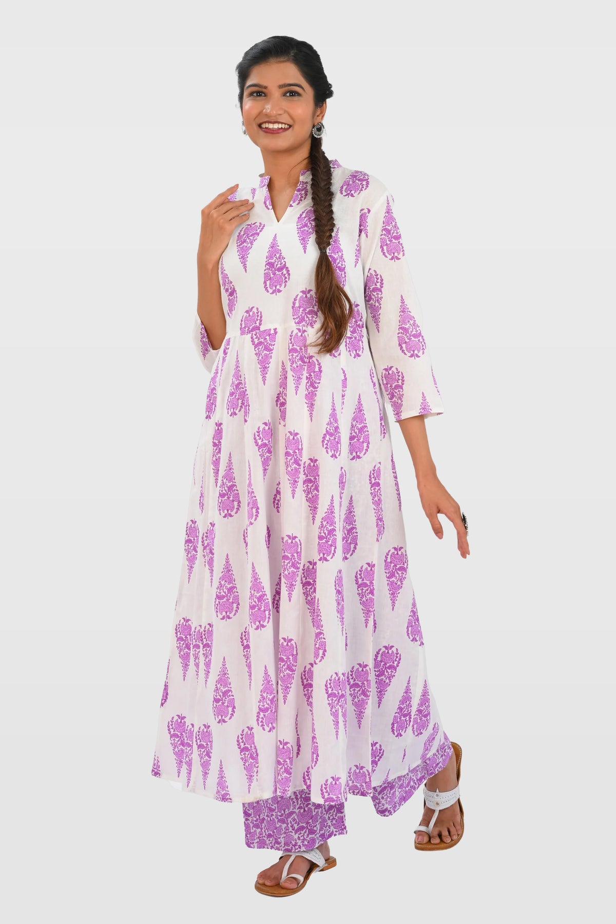 White French Lilac Cotton Printed Kurta Set