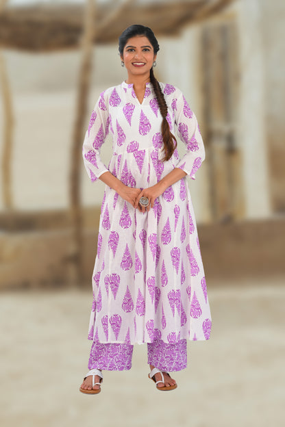 White French Lilac Cotton Printed Kurta Set