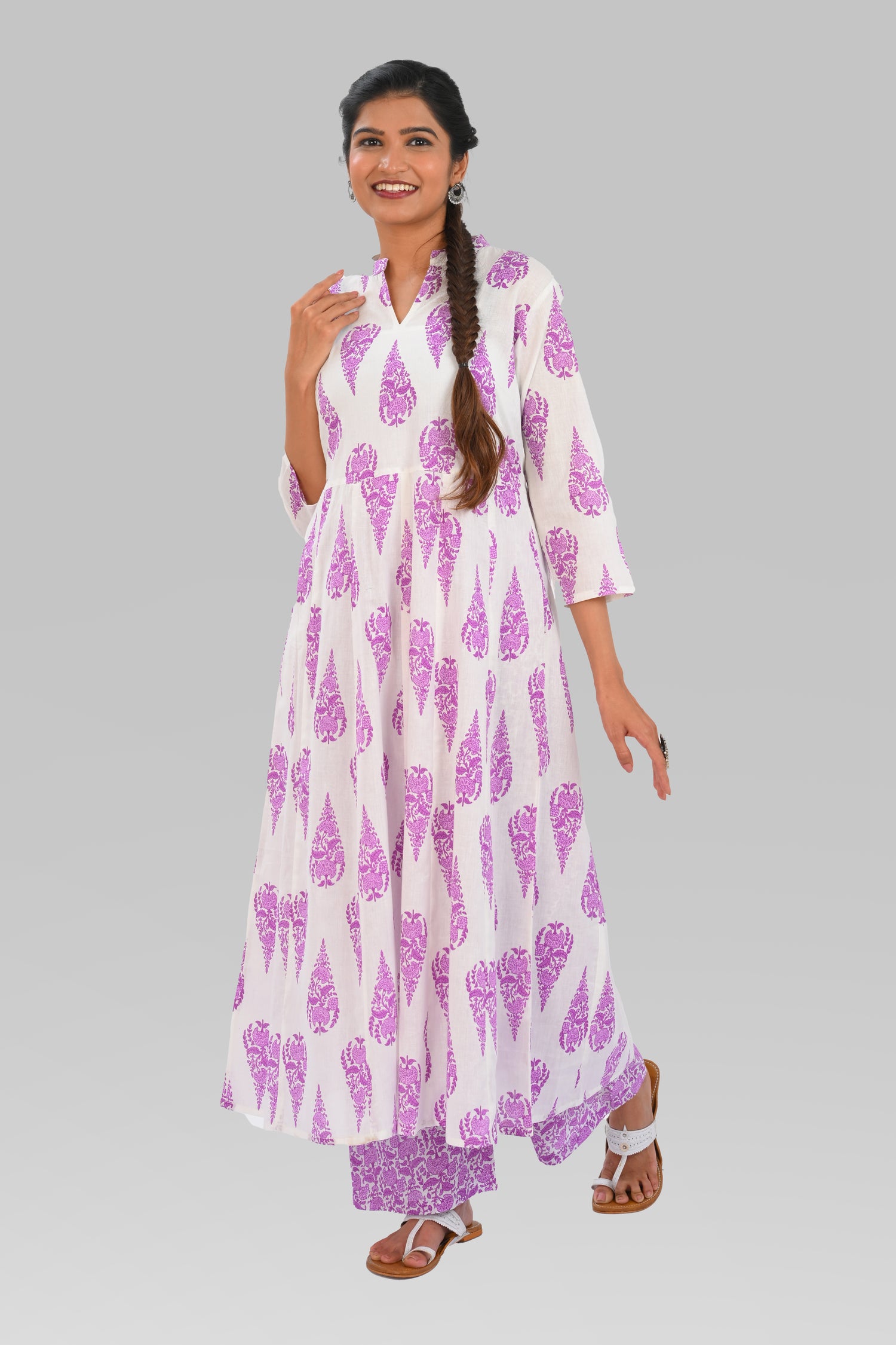 White French Lilac Cotton Printed Kurta Set