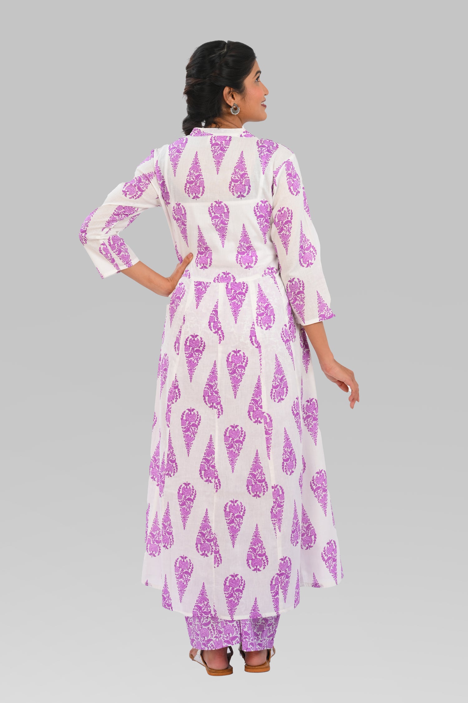 White French Lilac Cotton Printed Kurta Set