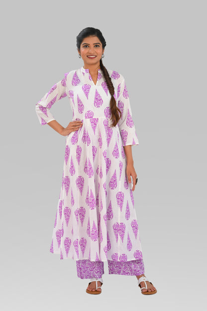 White French Lilac Cotton Printed Kurta Set