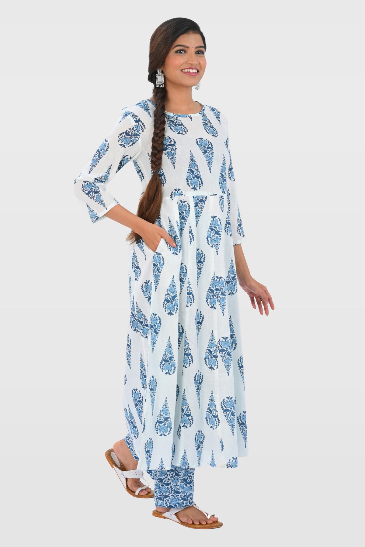 White Indigo Cotton Printed Kurta Set