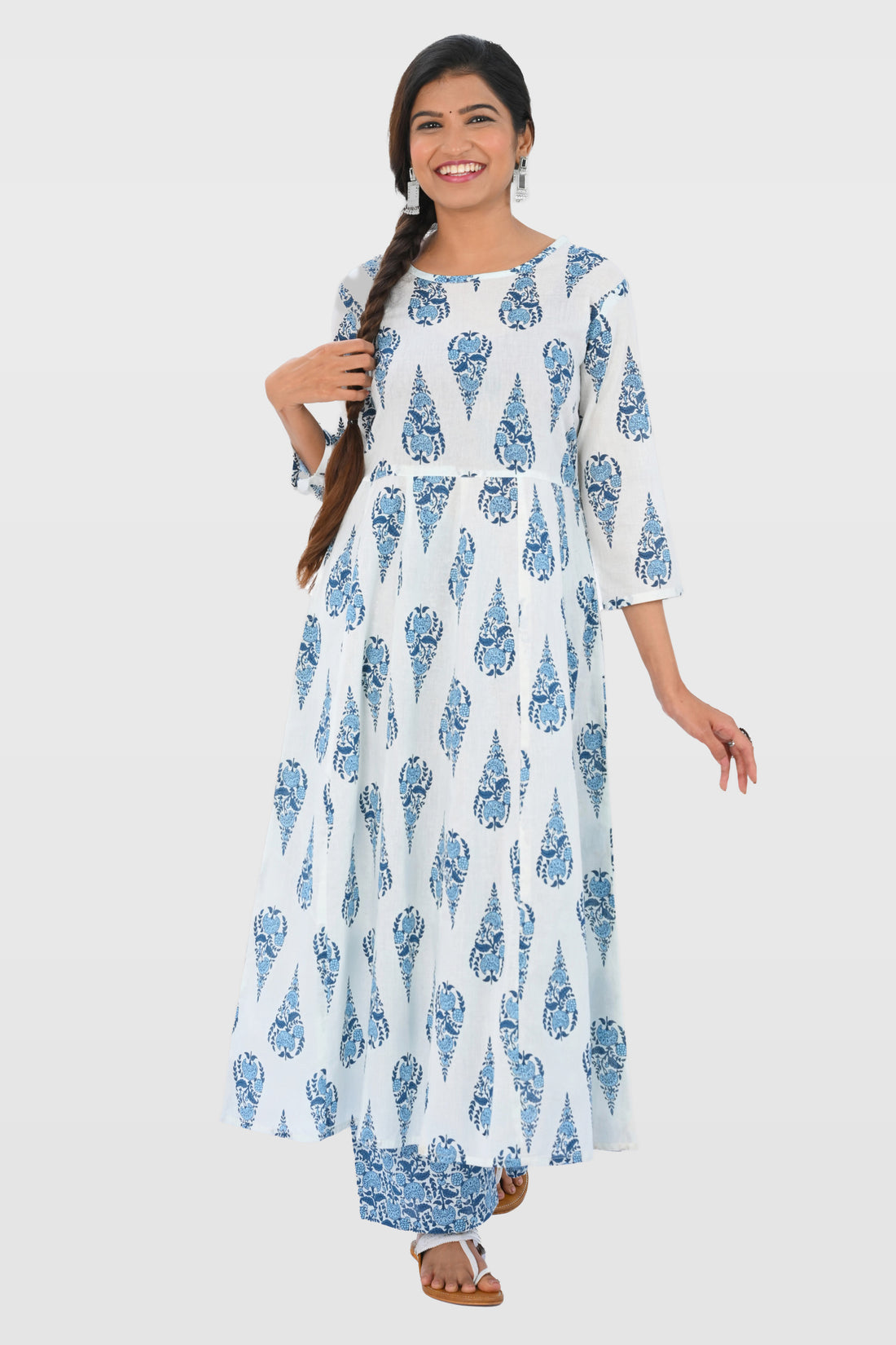 White Indigo Cotton Printed Kurta Set