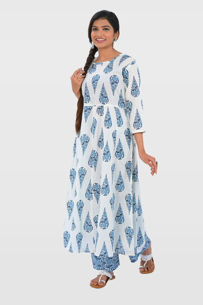 White Indigo Cotton Printed Kurta Set