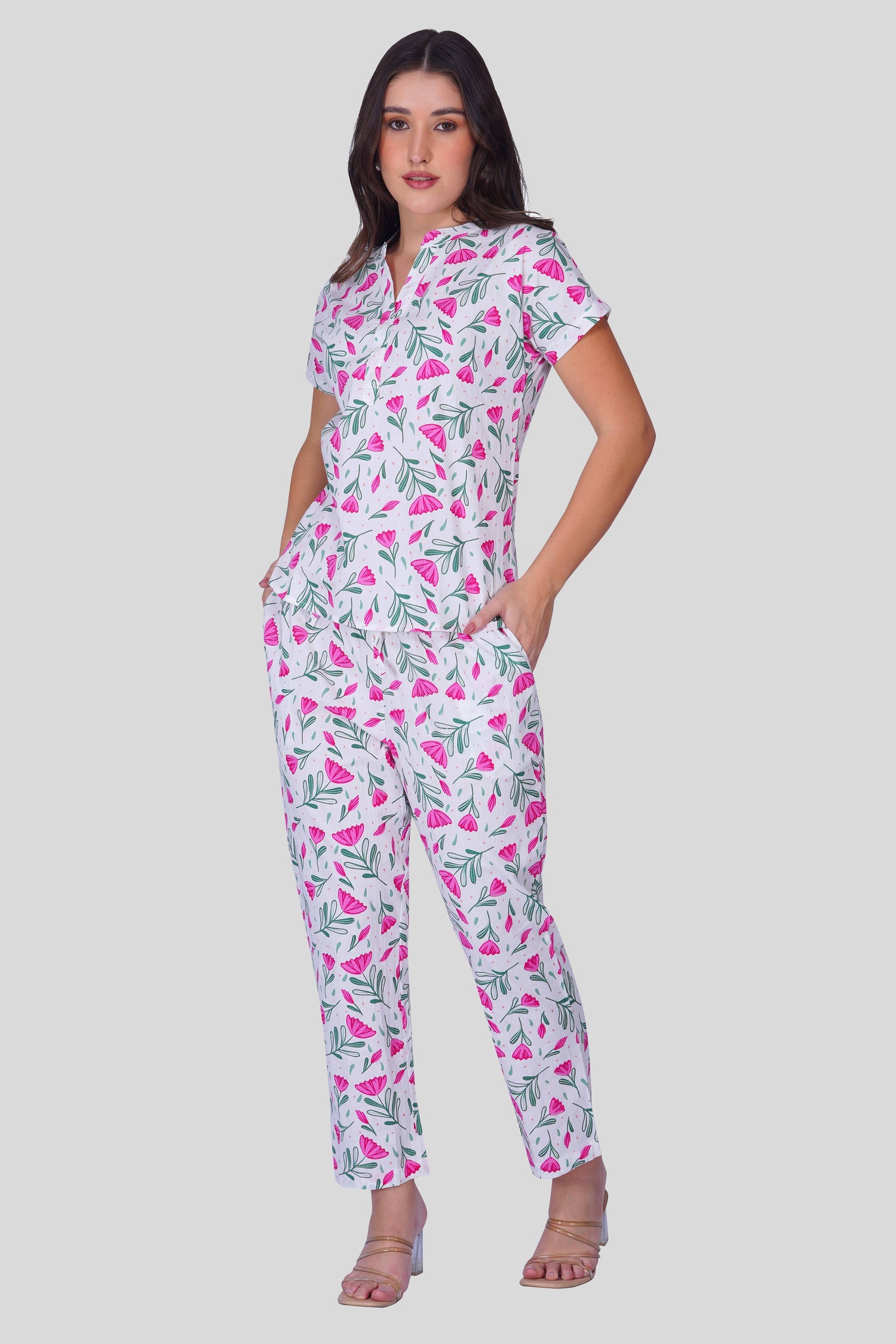 White Notch Collar Cotton Printed Pyjama Set
