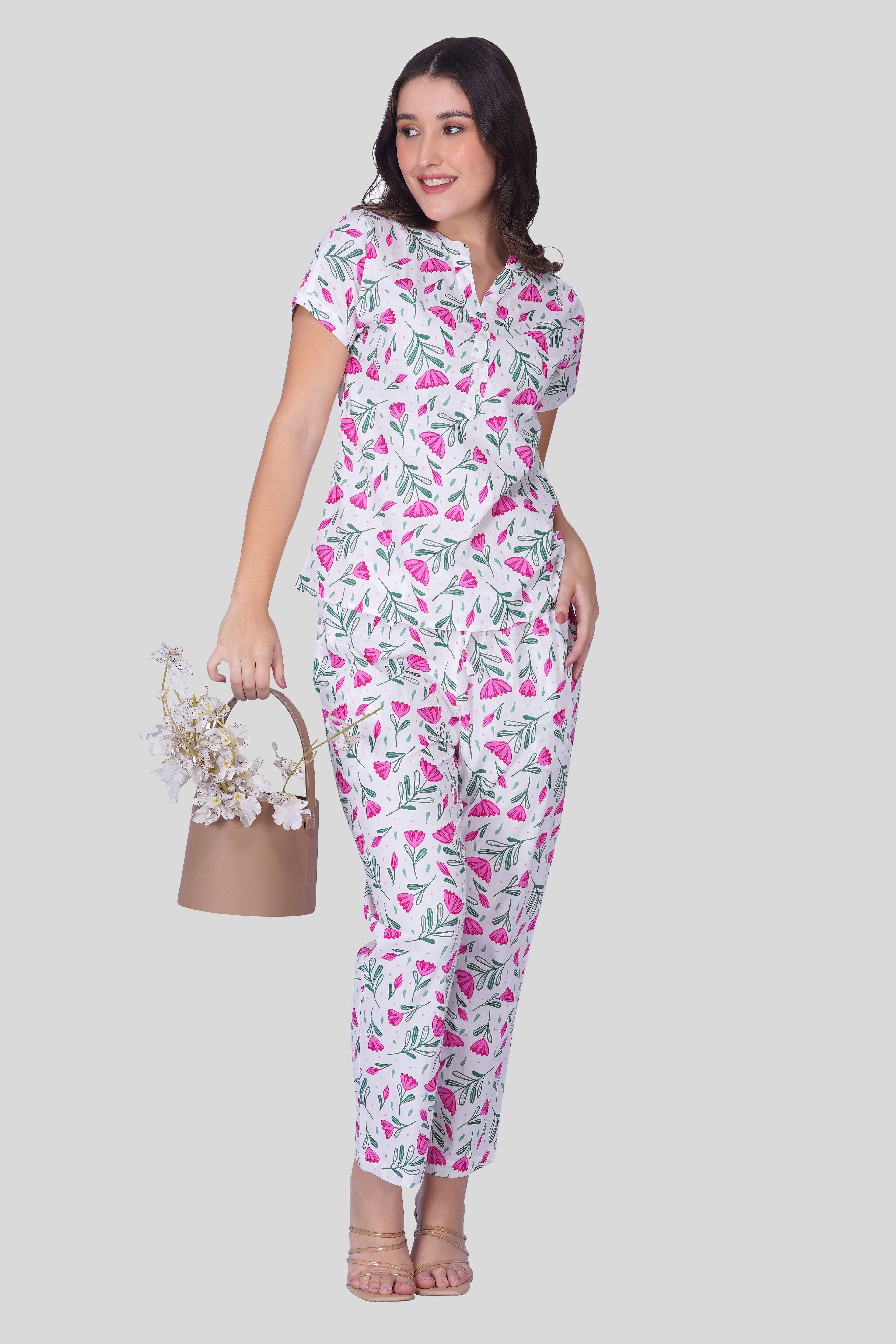 White Notch Collar Cotton Printed Pyjama Set