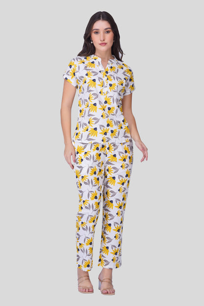 White Notch Collar Cotton Printed Pyjama Set