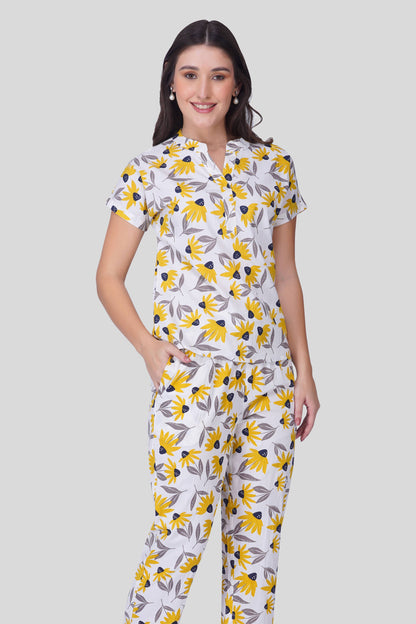 White Notch Collar Cotton Printed Pyjama Set