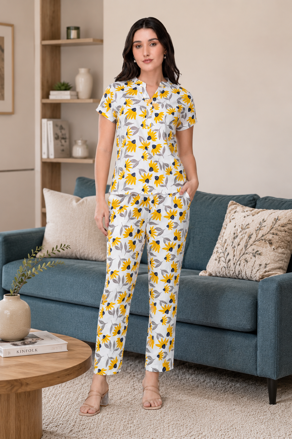 White Notch Collar Cotton Printed Pyjama Set