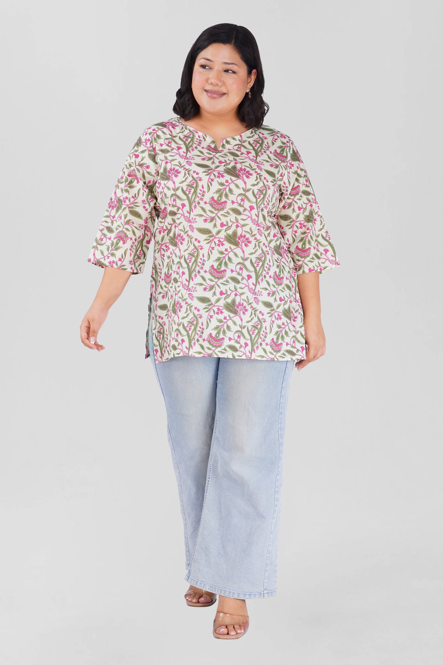 White Plus Size Cotton Printed Kurti