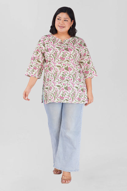 White Plus Size Cotton Printed Kurti