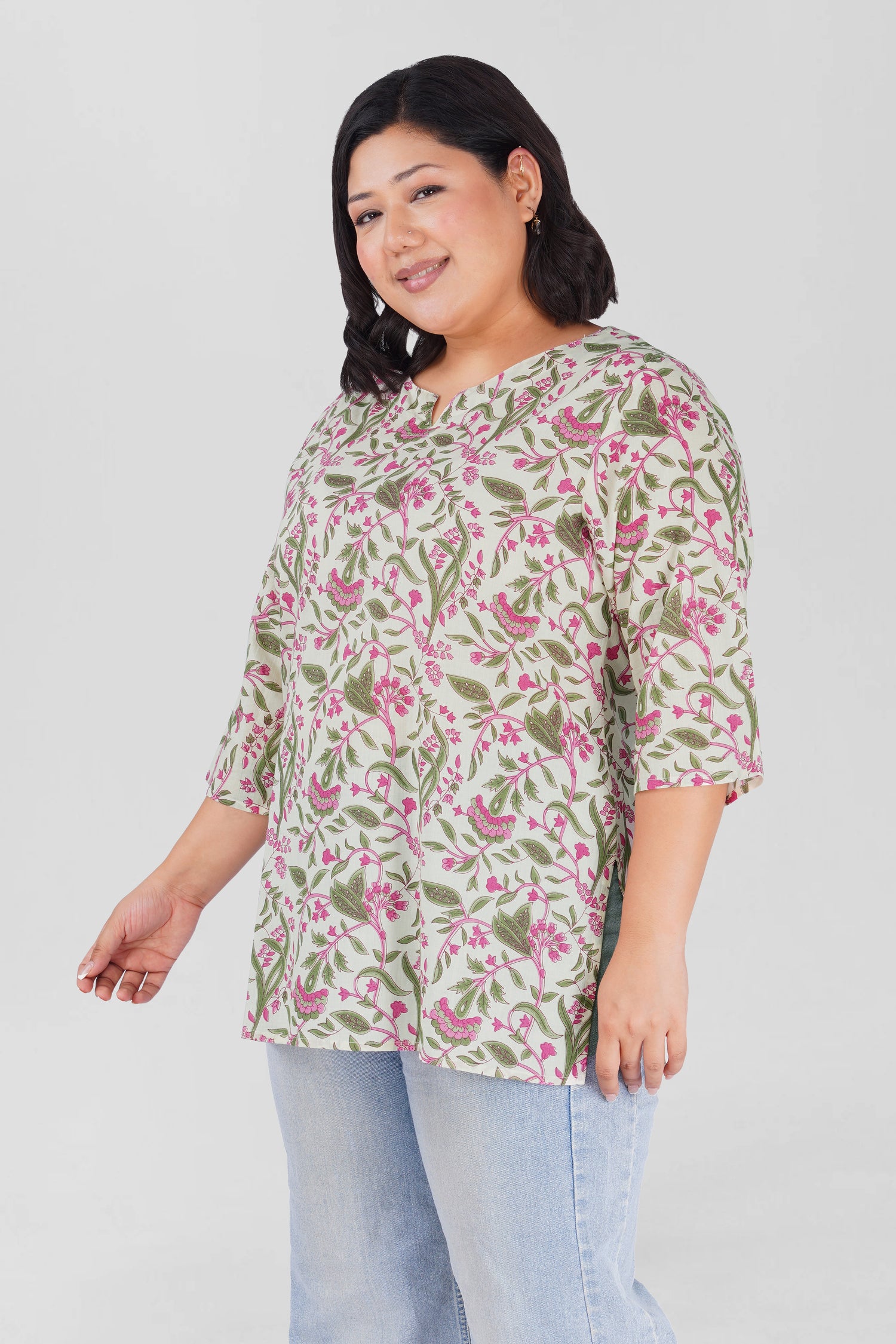 White Plus Size Cotton Printed Kurti