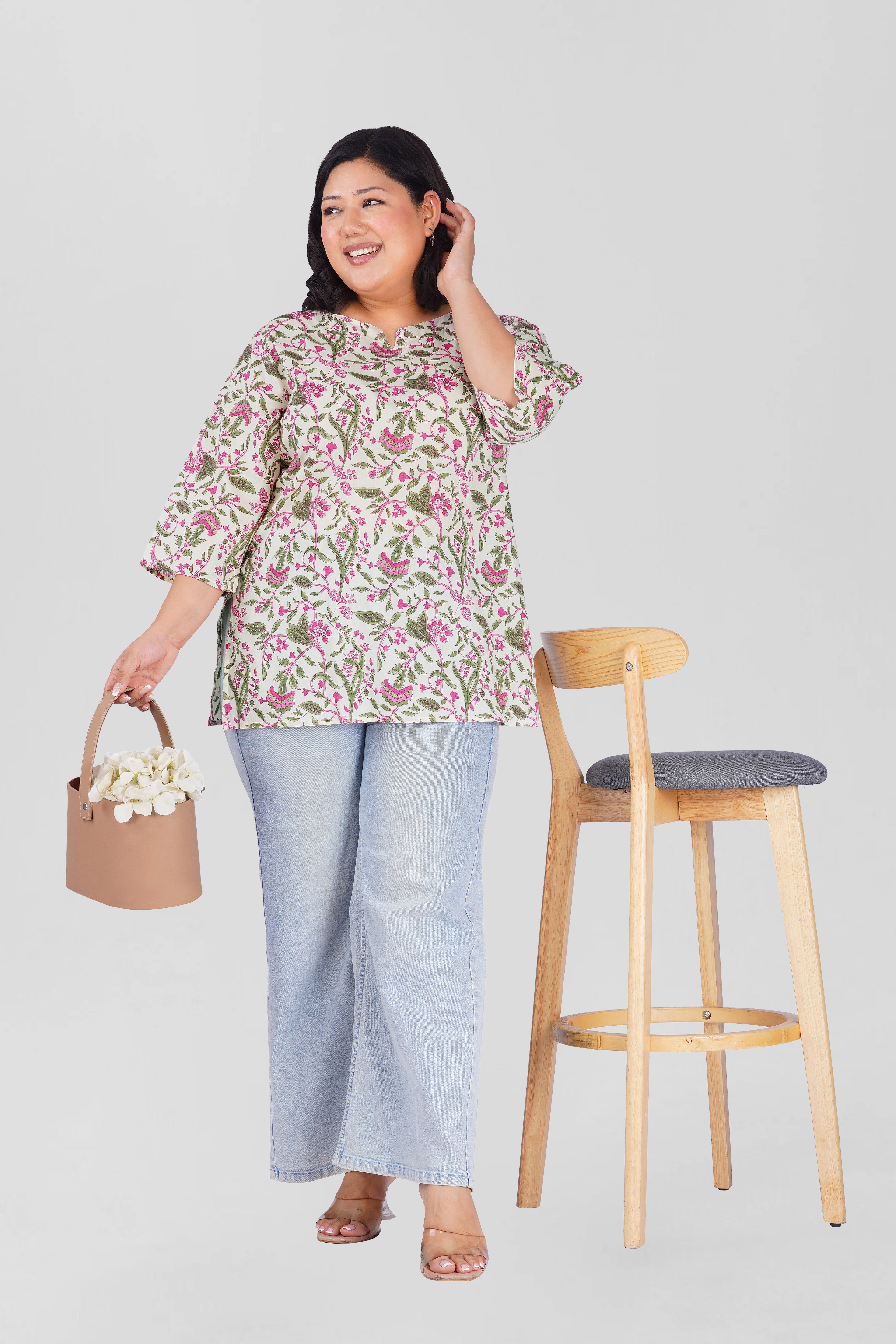 White Plus Size Cotton Printed Kurti