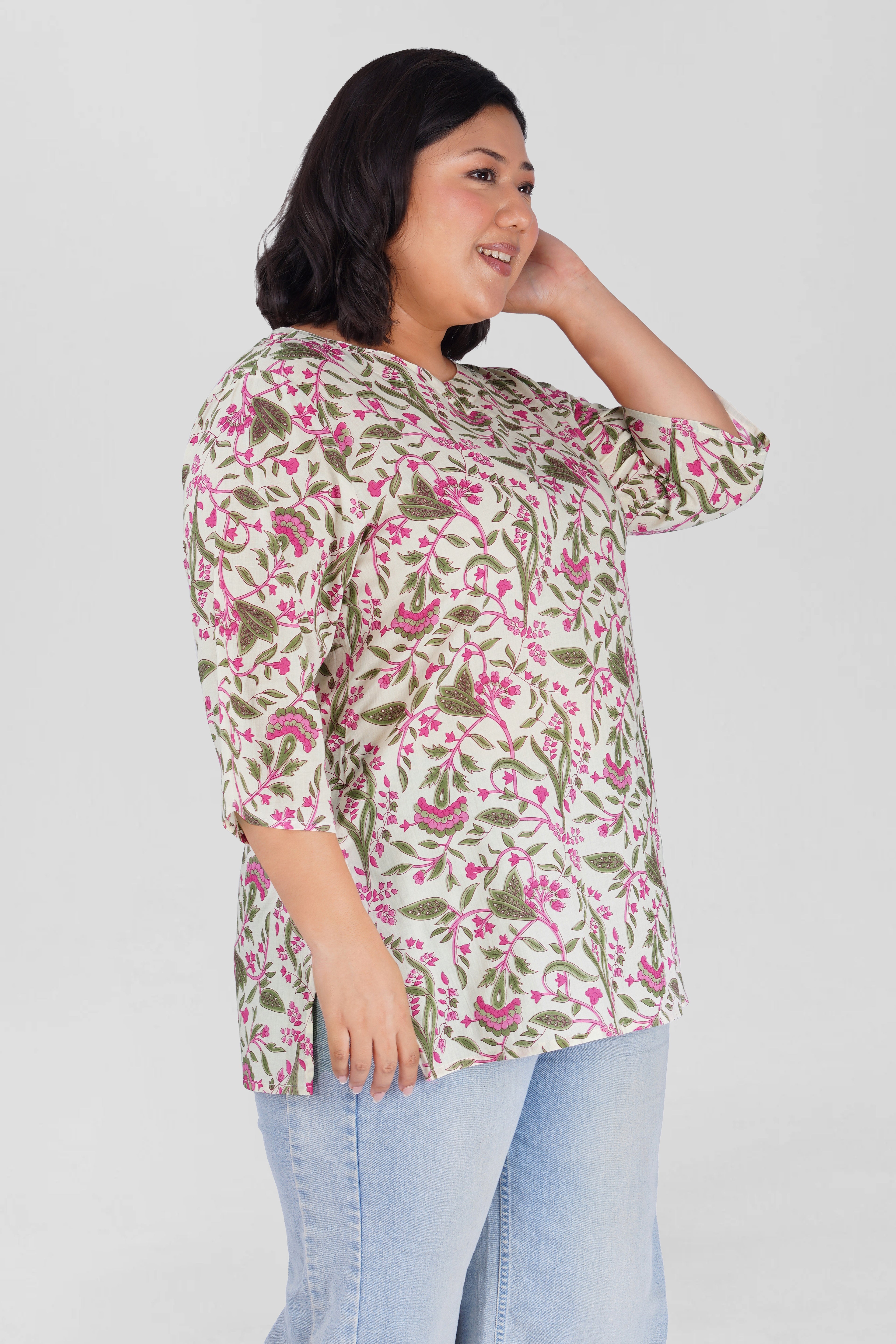 White Plus Size Cotton Printed Kurti
