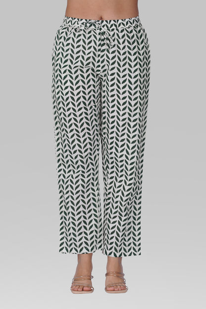 White V Neck Cotton Printed Pyjama Set