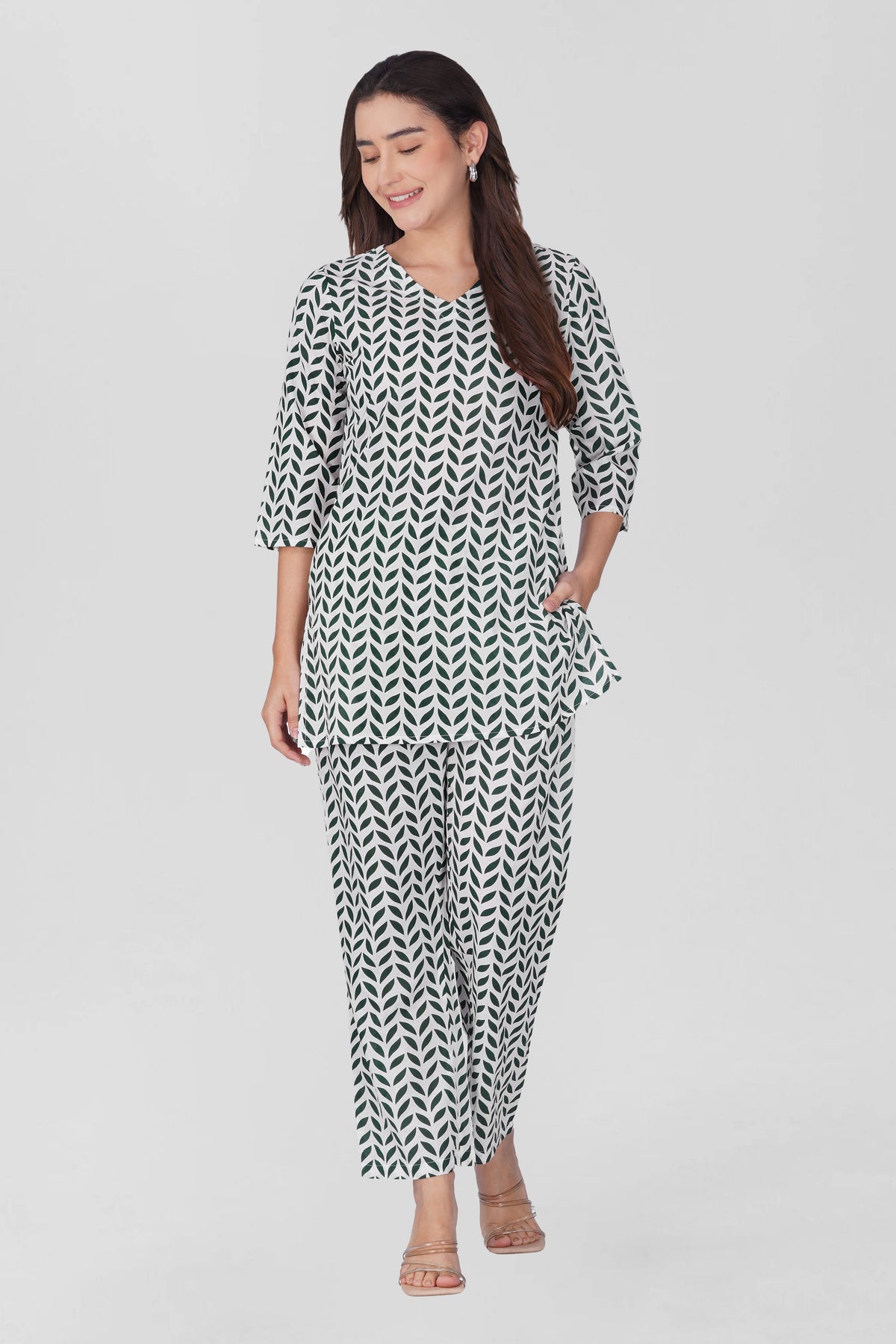 White V Neck Cotton Printed Pyjama Set
