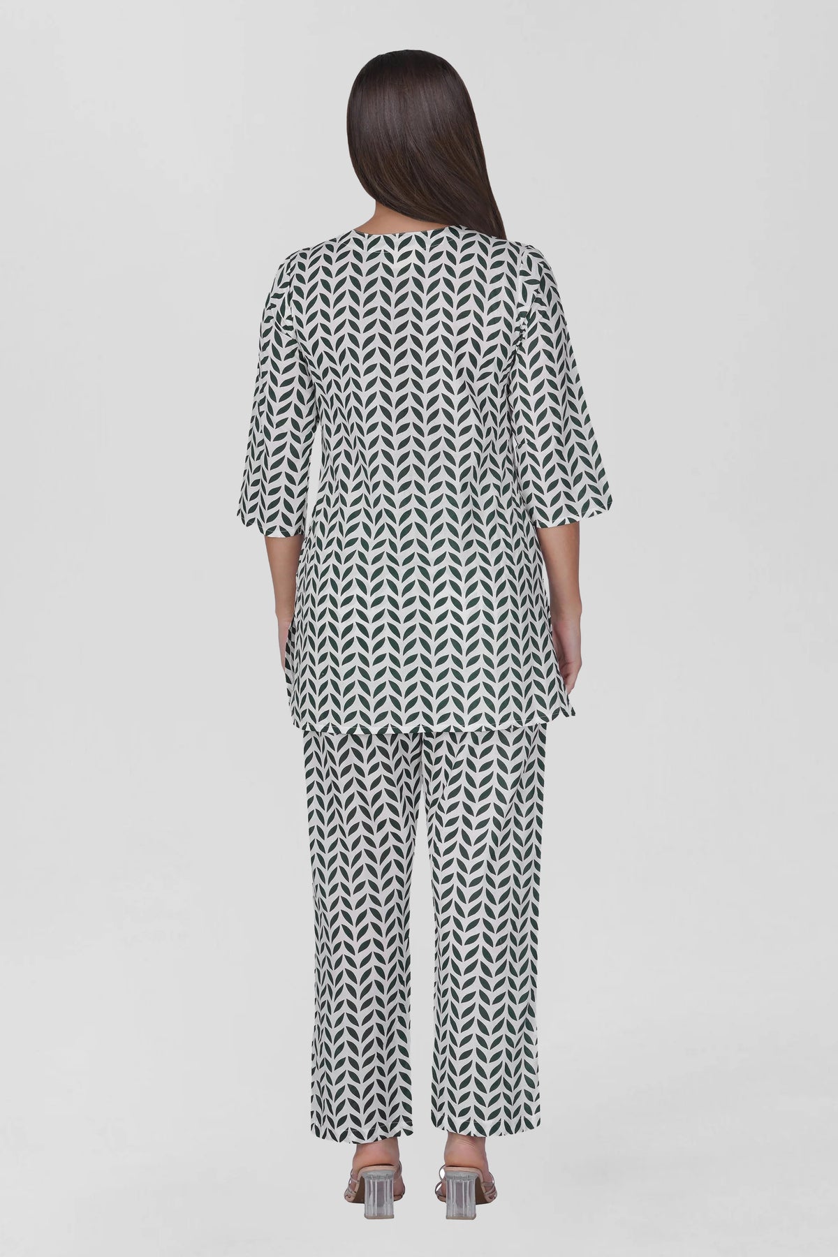White V Neck Cotton Printed Pyjama Set