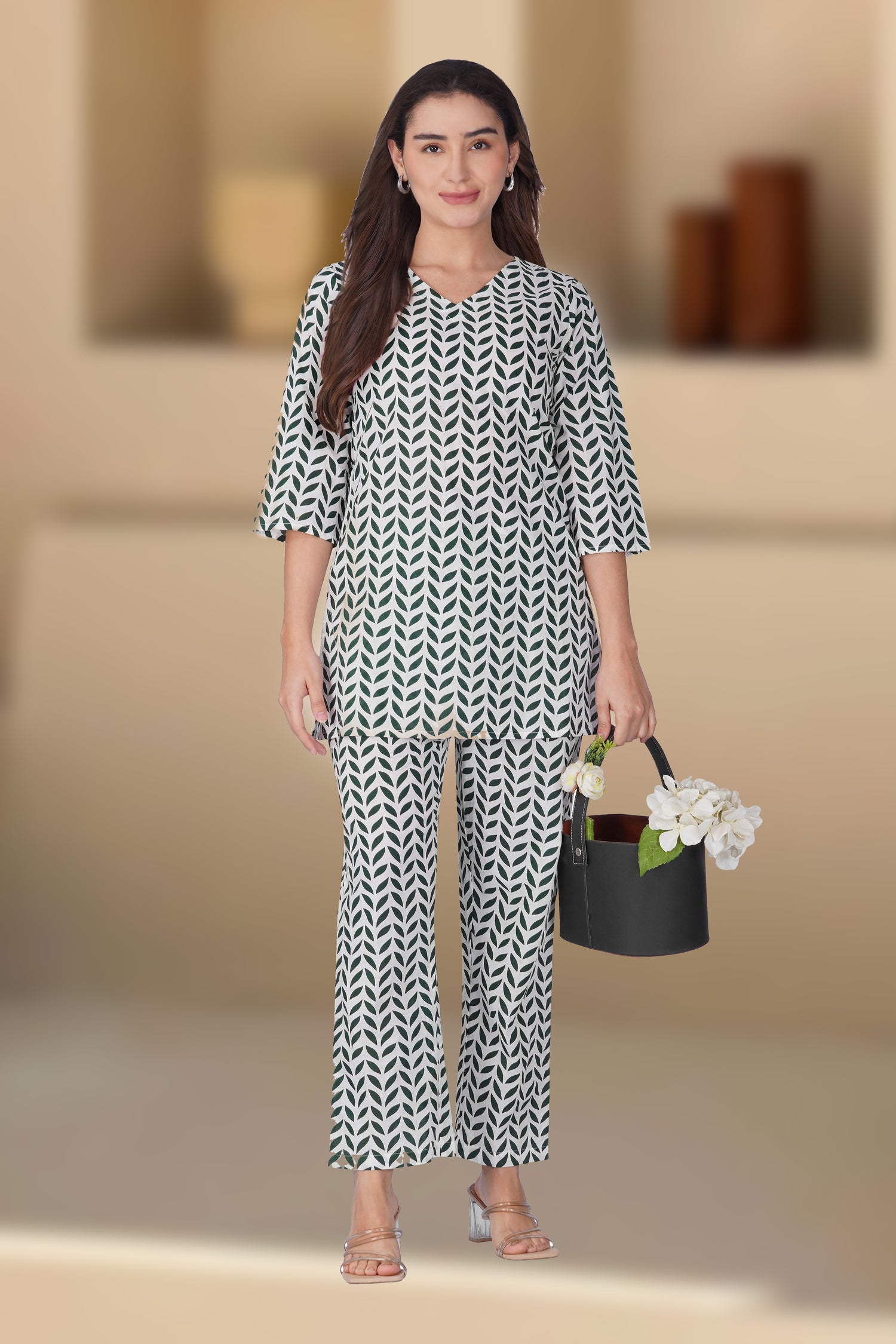 White V Neck Cotton Printed Pyjama Set