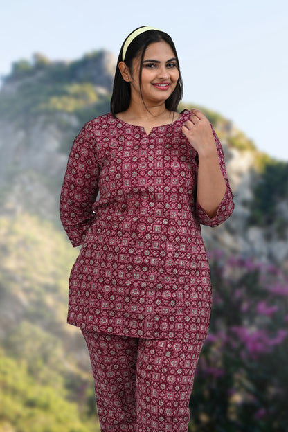 Wine Berry Cotton Printed Pyjama Set