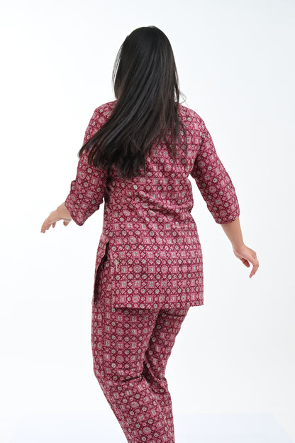 Wine Berry Cotton Printed Pyjama Set