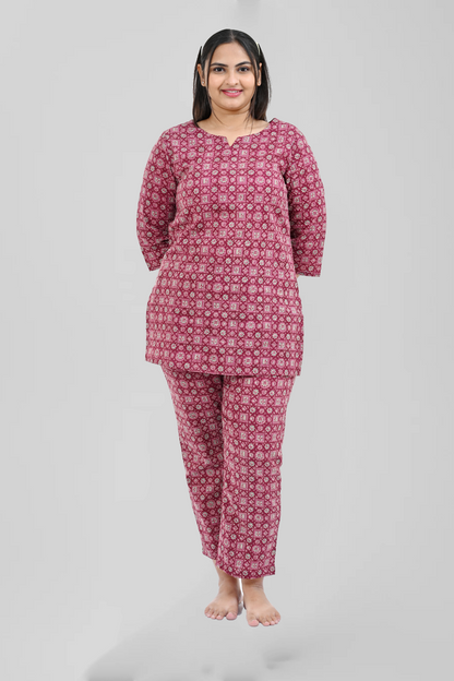 Wine Berry Cotton Printed Pyjama Set