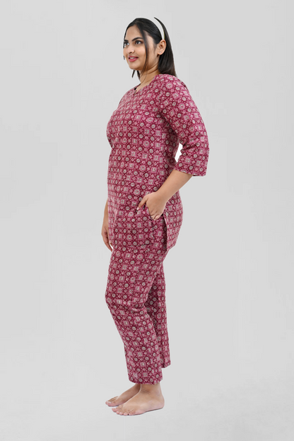 Wine Berry Cotton Printed Pyjama Set