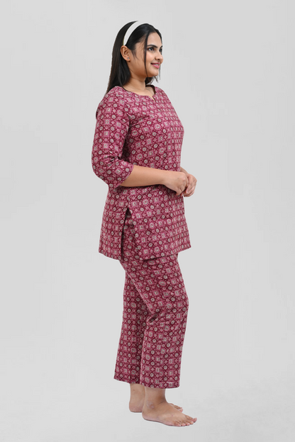 Wine Berry Cotton Printed Pyjama Set