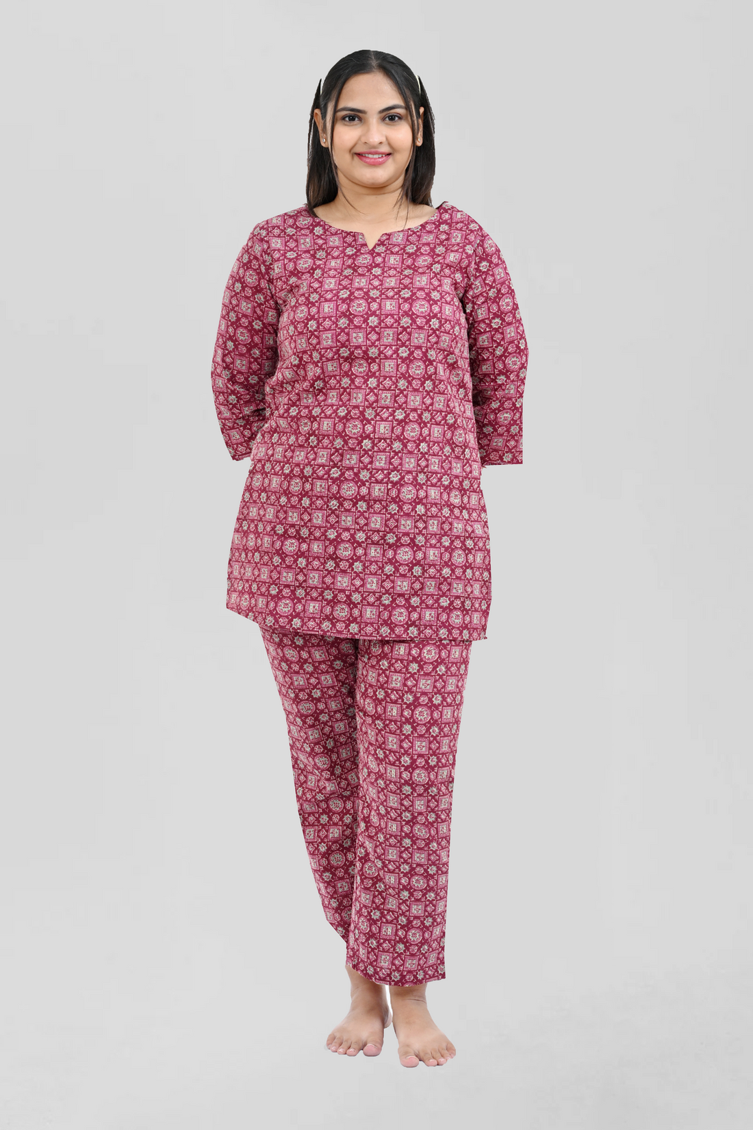 Wine Berry Cotton Printed Pyjama Set