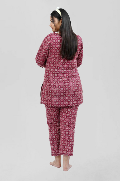 Wine Berry Cotton Printed Pyjama Set