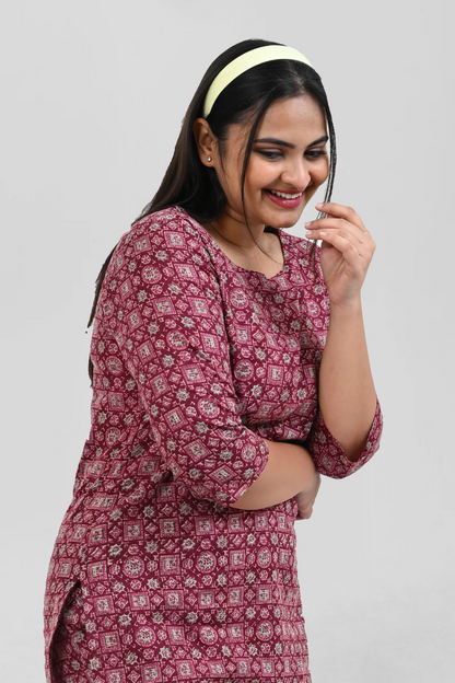 Wine Berry Cotton Printed Pyjama Set