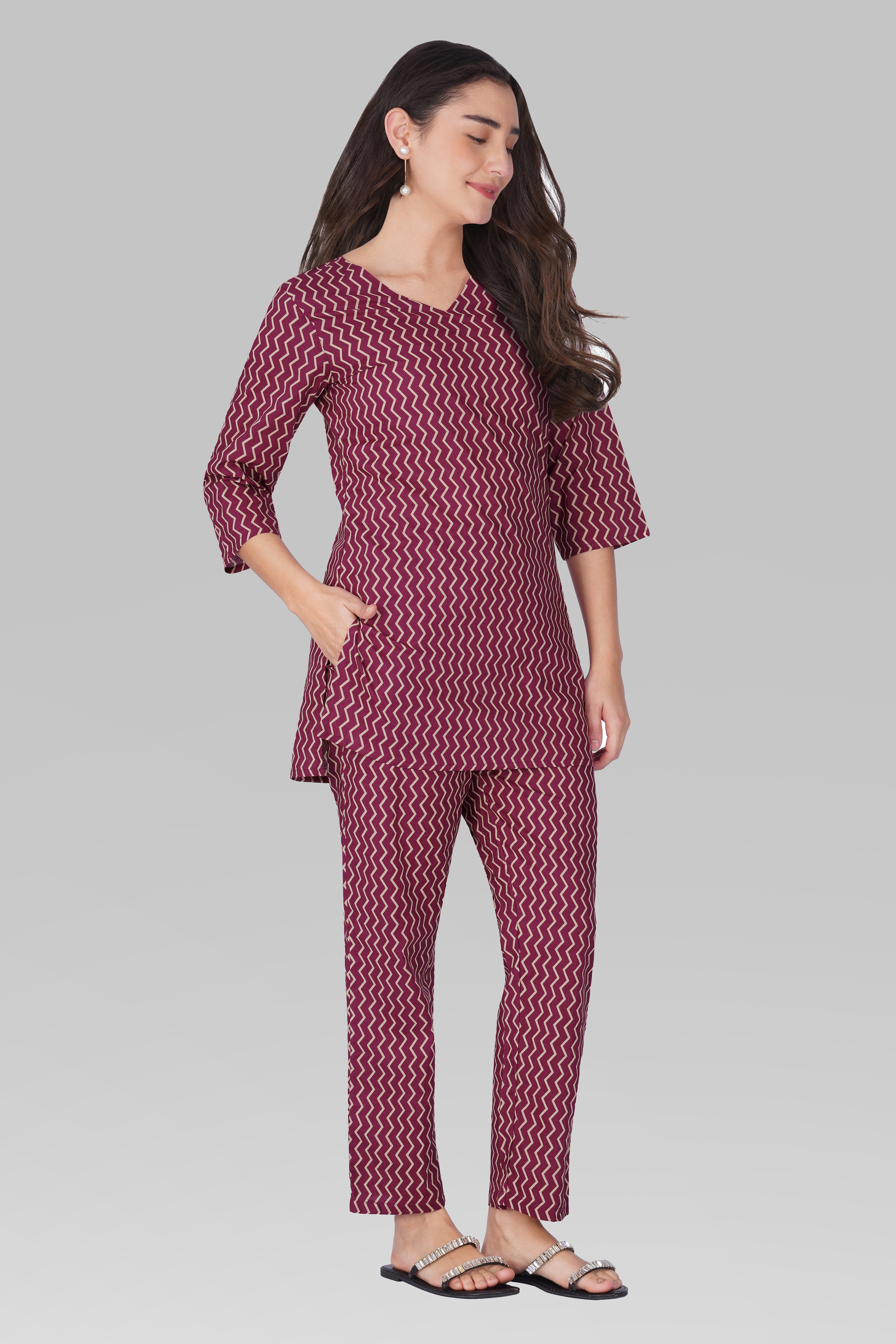 Wine Purple V Neck Cotton Printed Pyjama Set