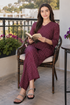 Wine Purple V Neck Cotton Printed Pyjama Set
