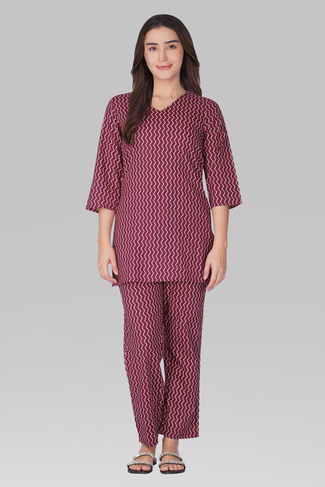 Wine Purple V Neck Cotton Printed Pyjama Set