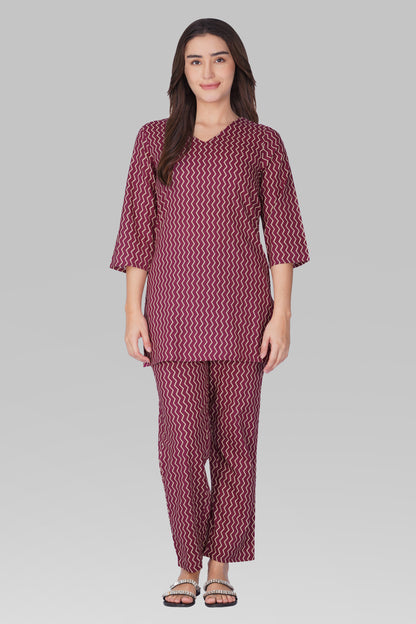 Wine Purple V Neck Cotton Printed Pyjama Set
