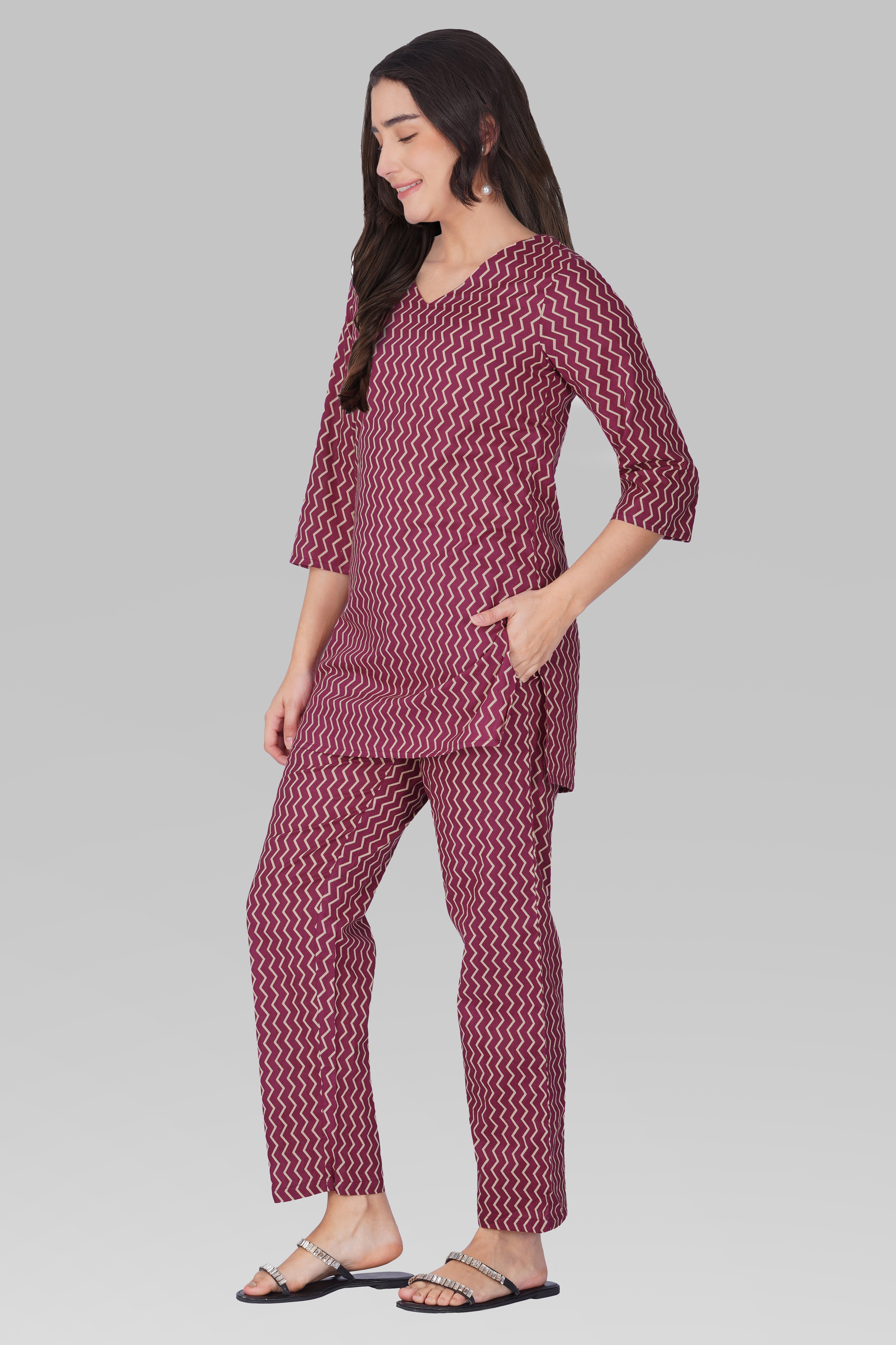 Wine Purple V Neck Cotton Printed Pyjama Set