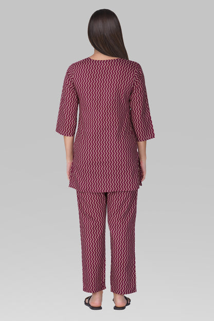 Wine Purple V Neck Cotton Printed Pyjama Set