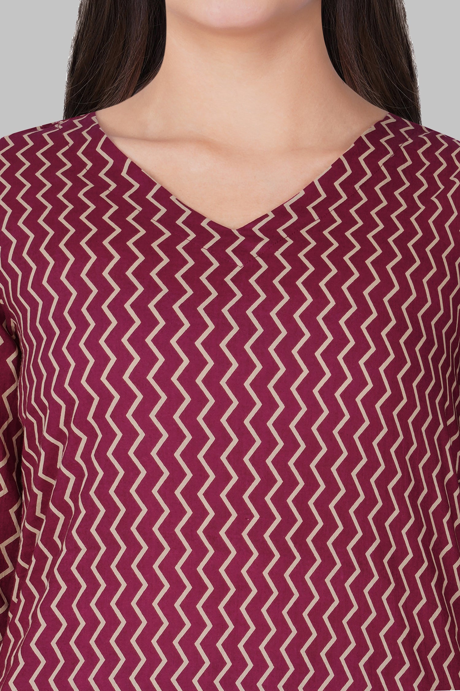 Wine Purple V Neck Cotton Printed Pyjama Set