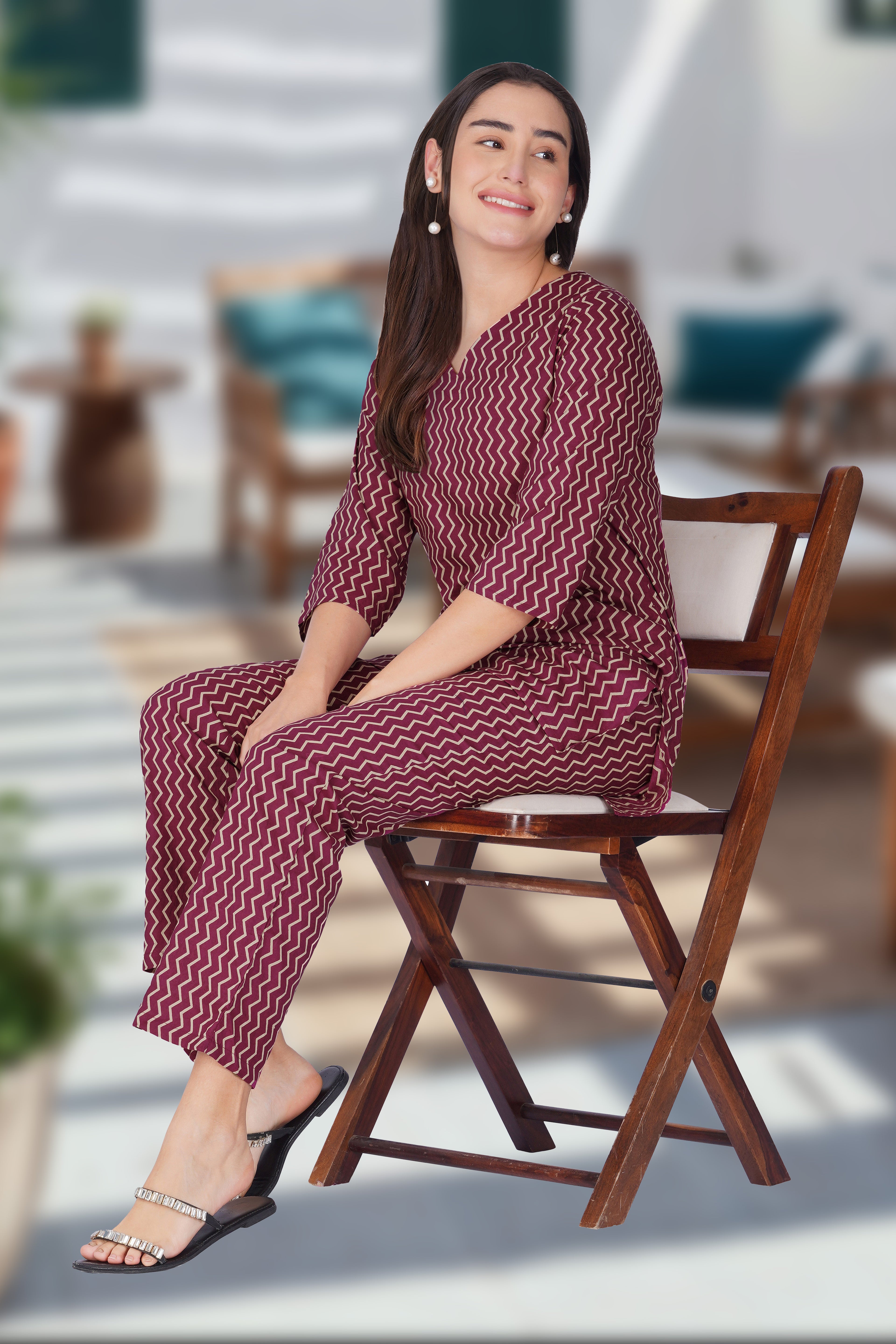 Wine Purple V Neck Cotton Printed Pyjama Set